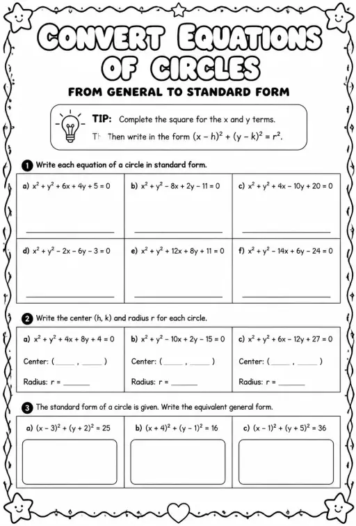 Convert equations of circles from general to standard form