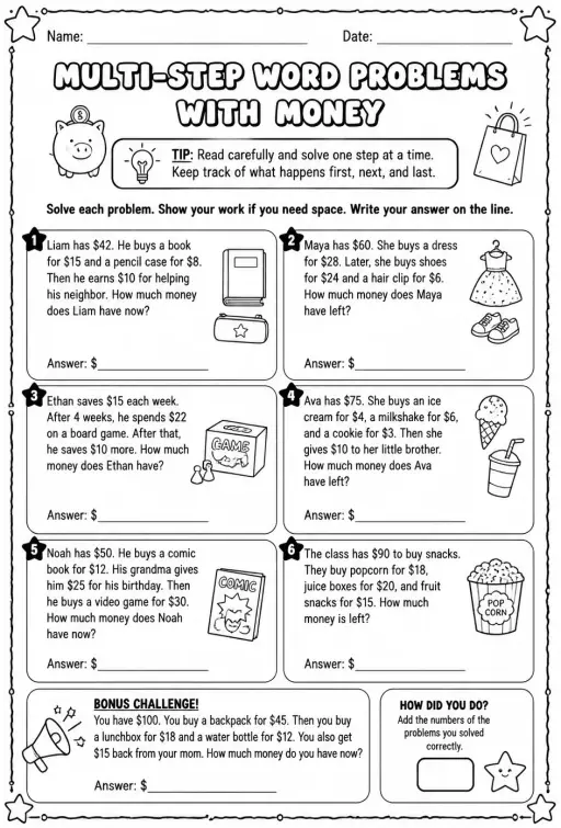 Multi-step word problems with money: addition and subtraction only
