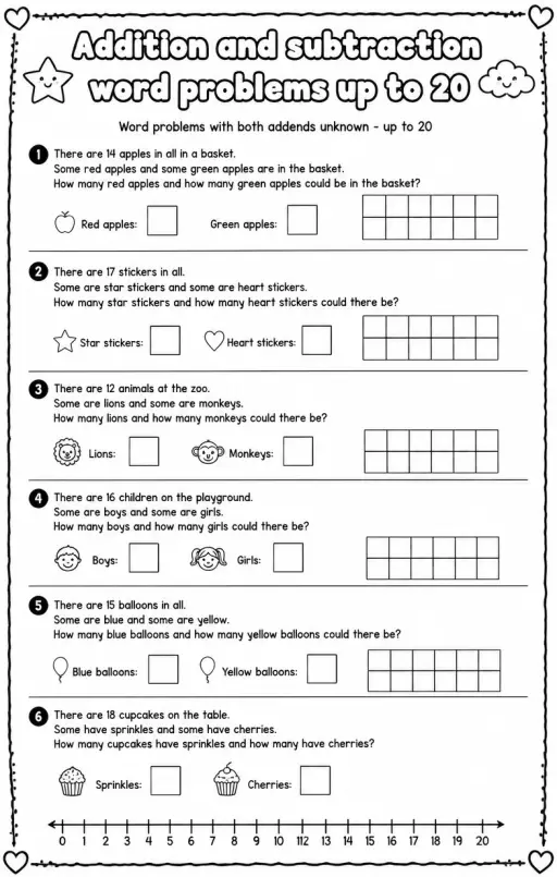 Word problems with both addends unknown - up to 20