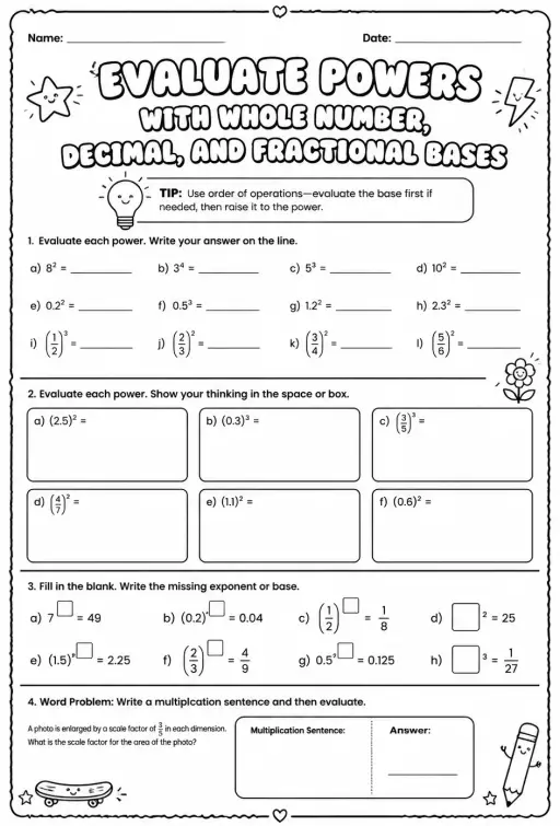 Evaluate powers with whole number, decimal, and fractional bases
