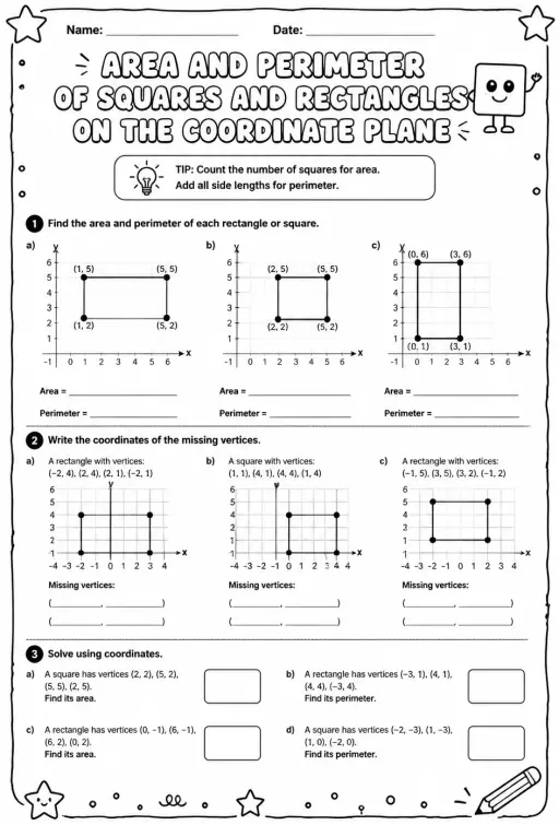 Area and perimeter of squares and rectangles on the coordinate plane