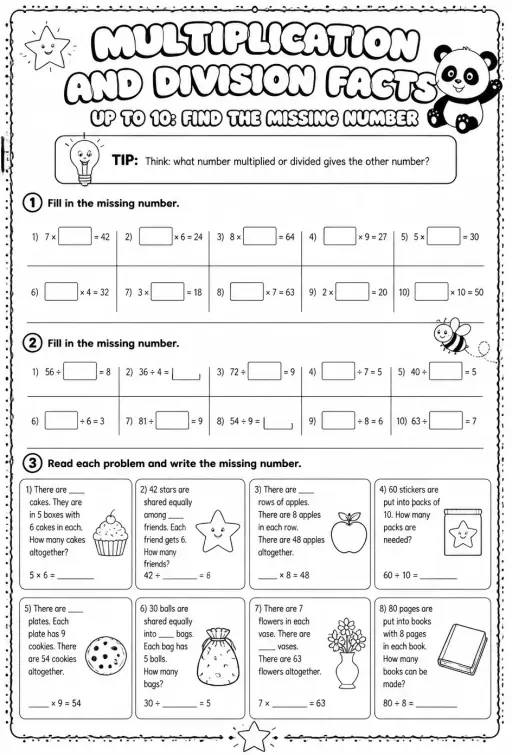 Multiplication and division facts up to 10: find the missing number