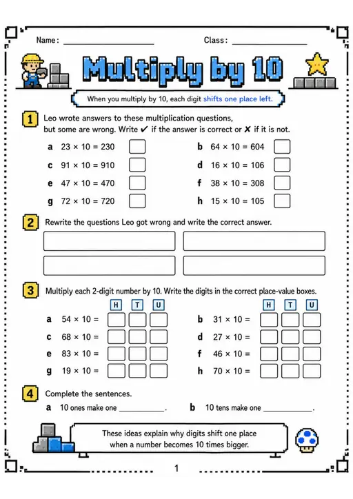 Multiply by 10 - Grade 3 Math Worksheet - grade 3 Reading, explanation, and short-response questions