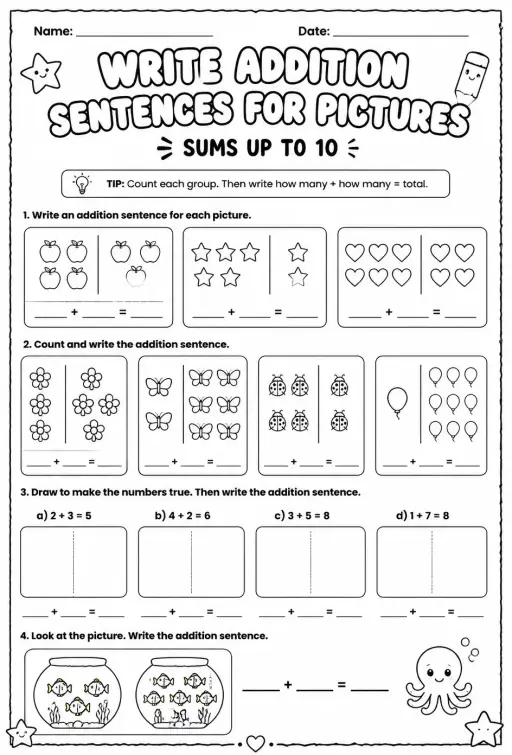 Write addition sentences for pictures - sums up to 10