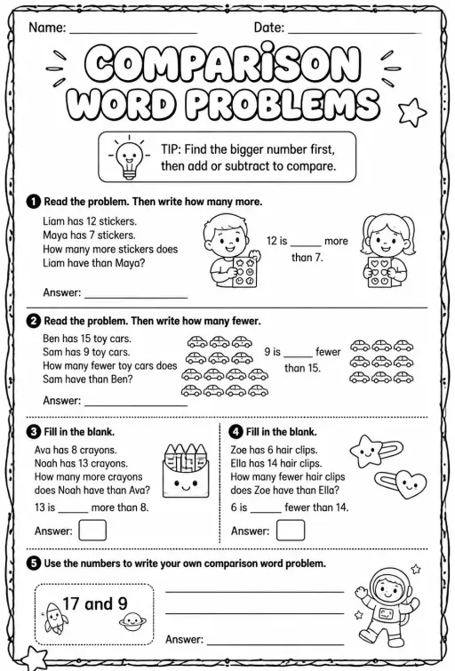 Comparison word problems - up to 20