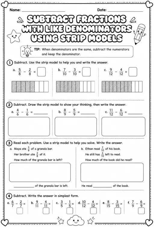 Subtract fractions with like denominators using strip models