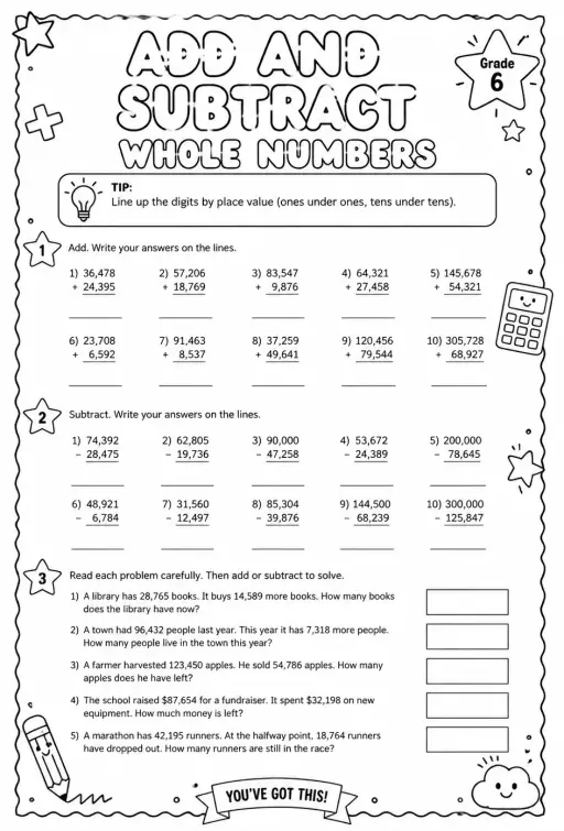 Add and subtract whole numbers