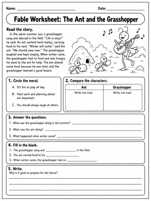 Fable Worksheet: The Ant and the Grasshopper
