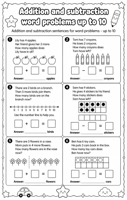 Addition and subtraction sentences for word problems - up to 10