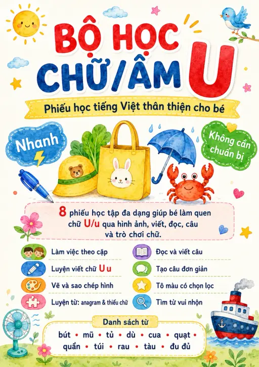 Vietnamese Letter U Phonics Worksheets Pack