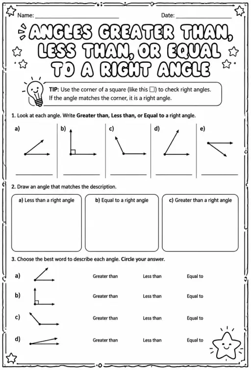 Angles greater than, less than, or equal to a right angle