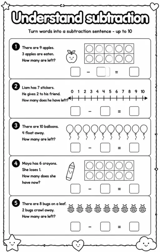 Turn words into a subtraction sentence - up to 10
