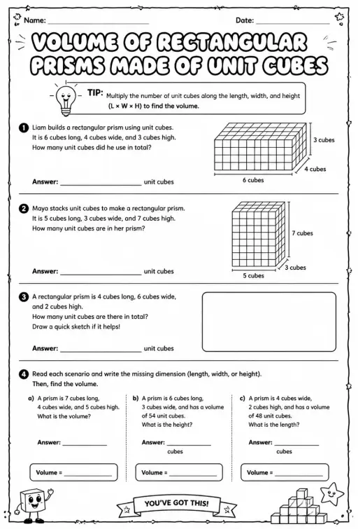 Volume of rectangular prisms made of unit cubes: word problems