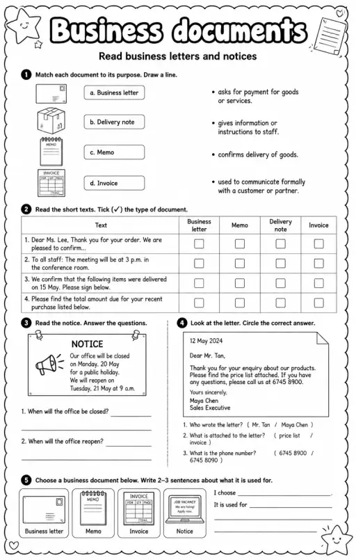 Read business letters and notices