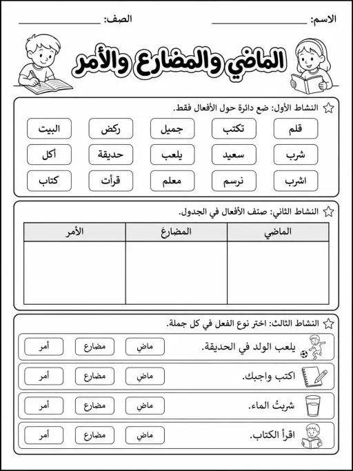 الماضي والمضارع والأمر - حزمة أوراق عمل اللغة العربية