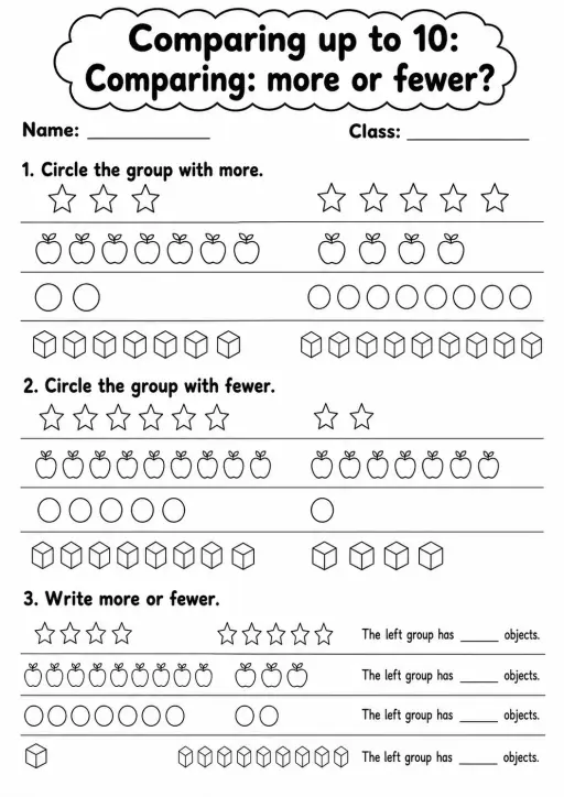 Grade 1 Comparing up to 10 Math Worksheet Pack