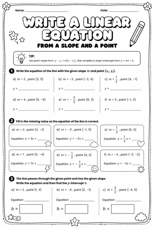Write a linear equation from a slope and a point
