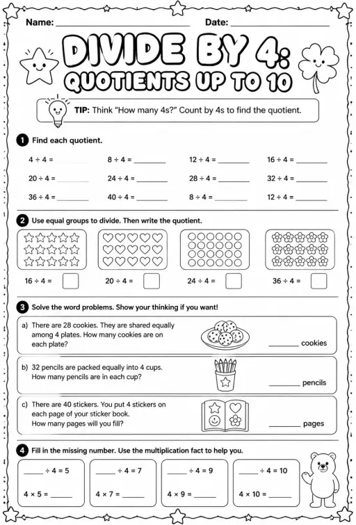 Divide by 4: quotients up to 10