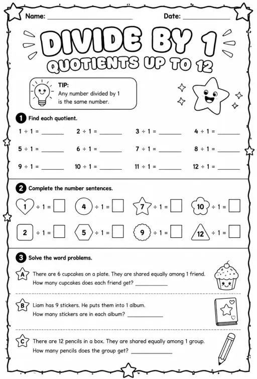 Divide by 1: quotients up to 12