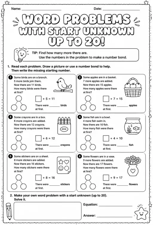 Word problems with start unknown - up to 20