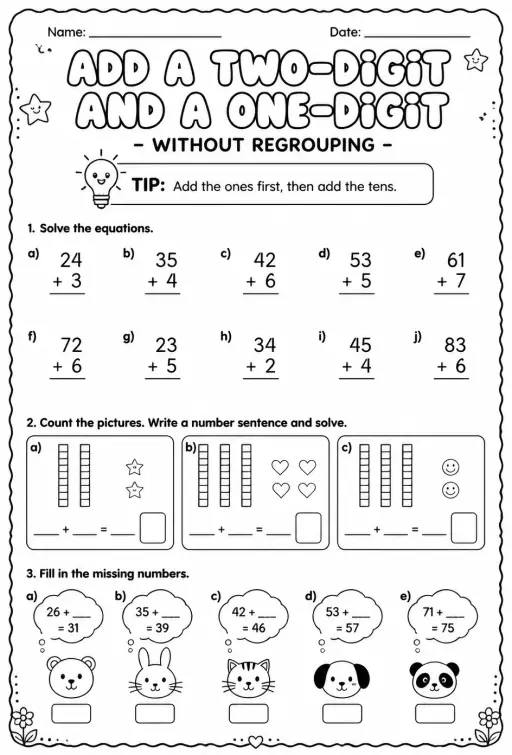 Add a two-digit and a one-digit number - without regrouping