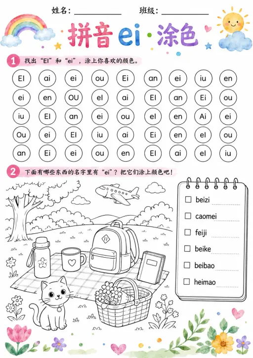 Chinese Pinyin Letter ei Phonics Worksheets Pack