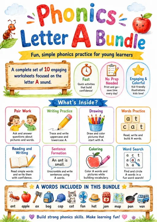 Letter A Phonics Worksheets Pack