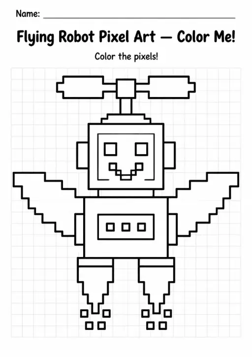 Flying Robot Pixel Art Coloring Page