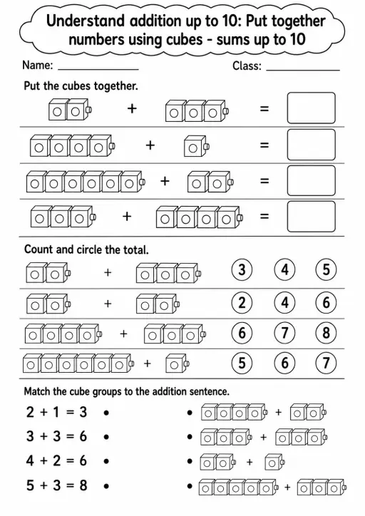 Kindergarten Understand Addition up to 10 Math Worksheet Pack