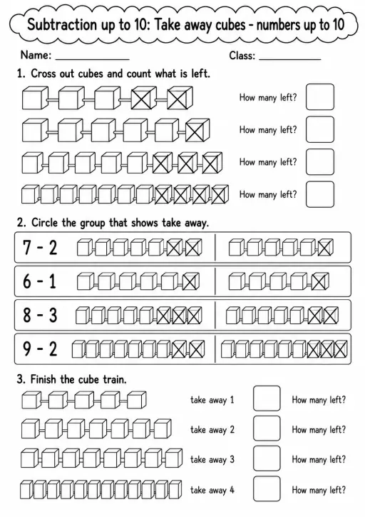 Pre-K Subtraction up to 10 Math Worksheet Pack