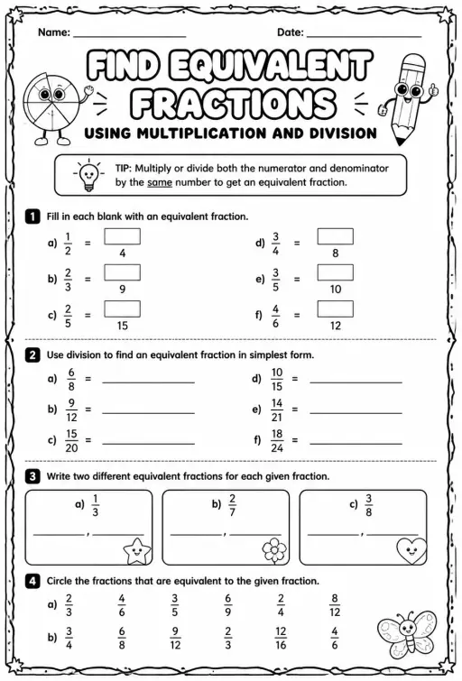 Find equivalent fractions using multiplication and division