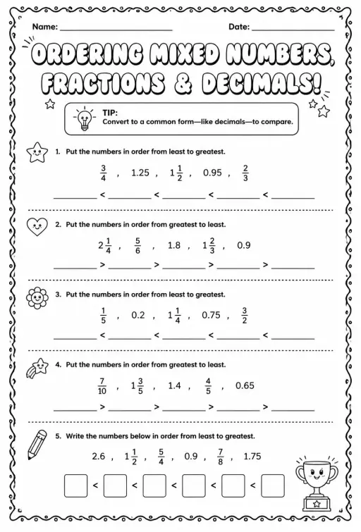 Put a mix of decimals, fractions, and mixed numbers in order