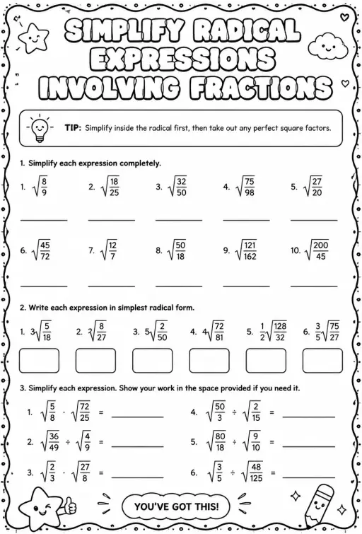 Simplify radical expressions involving fractions