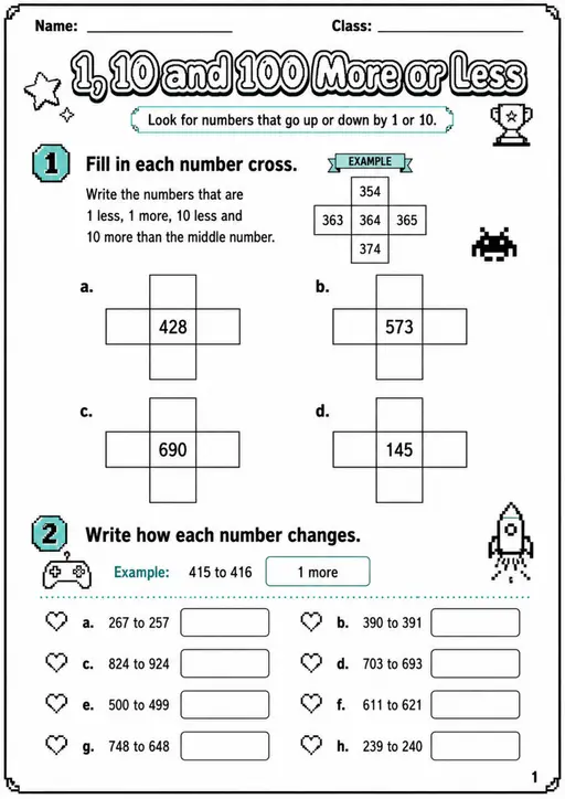 1, 10 and 100 More or Less - Grade 3 Math Worksheet