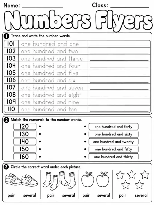Numbers Flyers Vocabulary Worksheet Pack