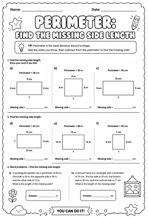 Perimeter: find the missing side length