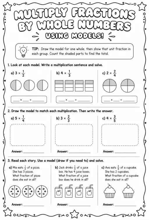 Multiply fractions by whole numbers using models