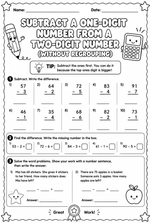 Subtract a one-digit number from a two-digit number - without regrouping