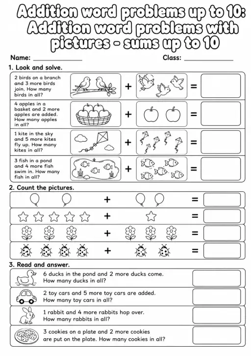 Grade 1 Addition Word Problems up to 10 Math Worksheet Pack