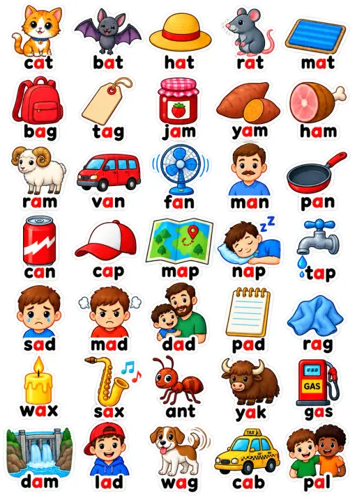 Short Vowel Words English Vocabulary Stickers