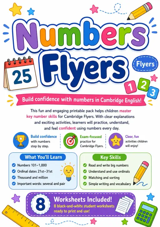 Numbers Flyers Vocabulary Worksheet Pack
