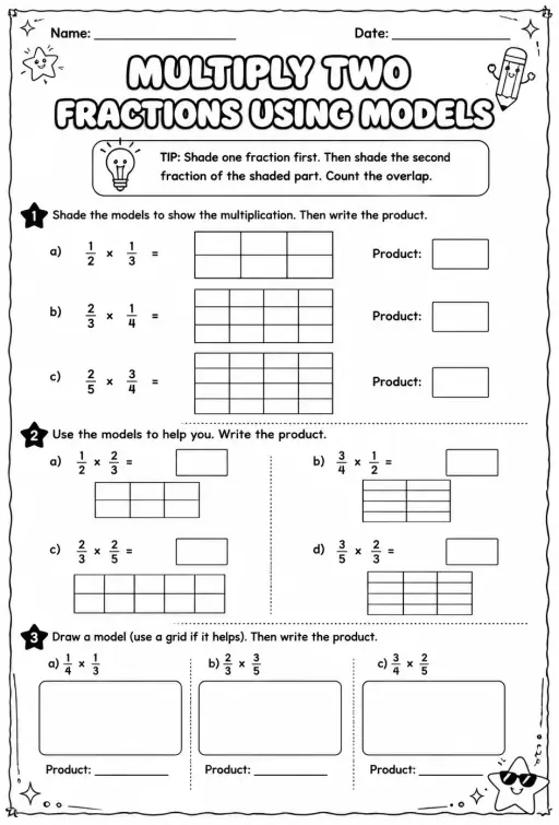 Multiply two fractions using models
