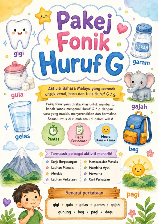 Malay Letter G Phonics Worksheets Pack