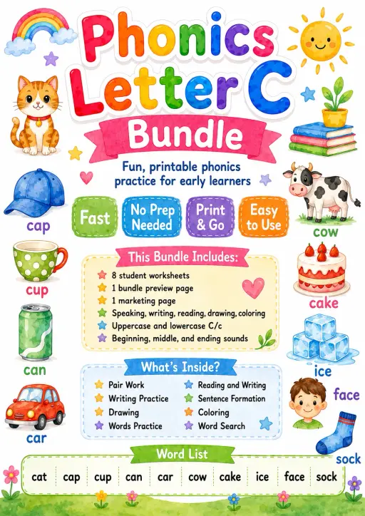 Letter C Phonics Worksheets Pack