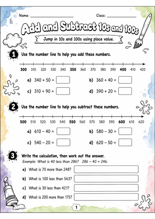 Add and Subtract 10s and 100s - Grade 3 Math Worksheet - grade 3 Reading, explanation, and short-response questions