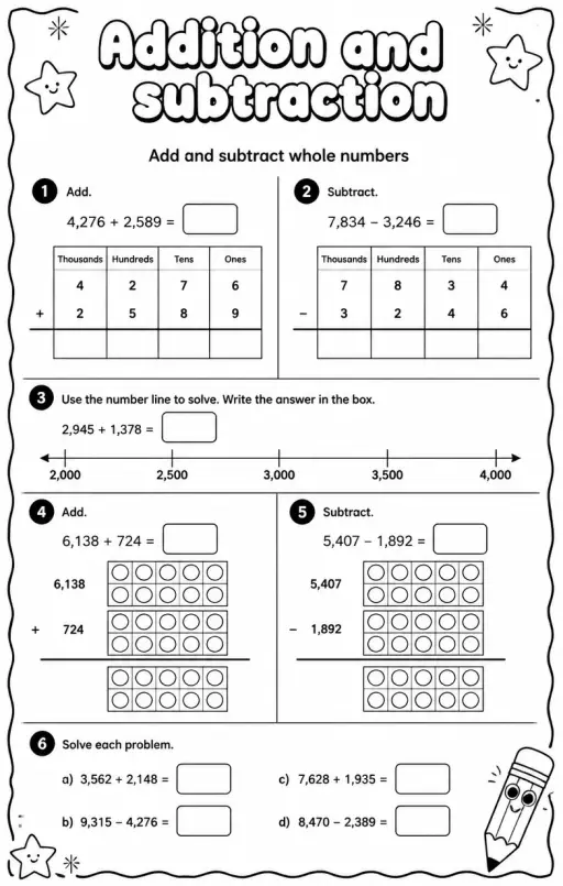 Add and subtract whole numbers