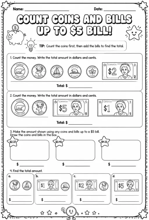 Count coins and bills - up to $5 bill