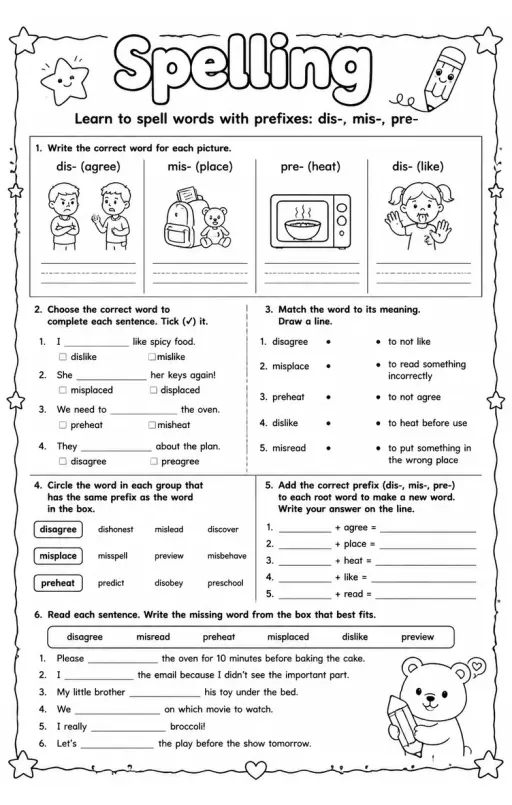 Learn to spell words with prefixes: dis-, mis-, pre-