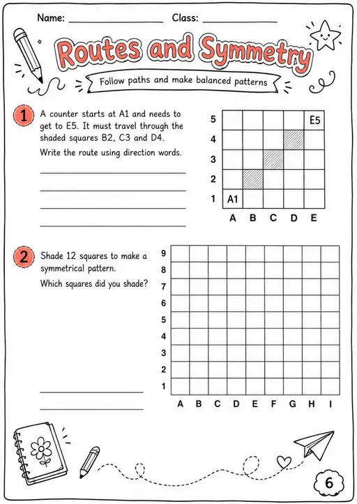 Routes and Symmetry - Grade 3 Math Worksheet