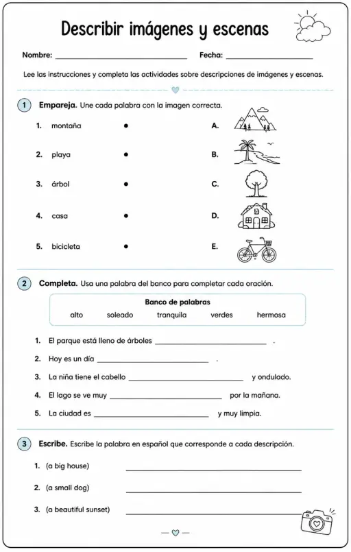Reconocer palabras, frases o oraciones en español relacionadas con descripciones de imágenes.
